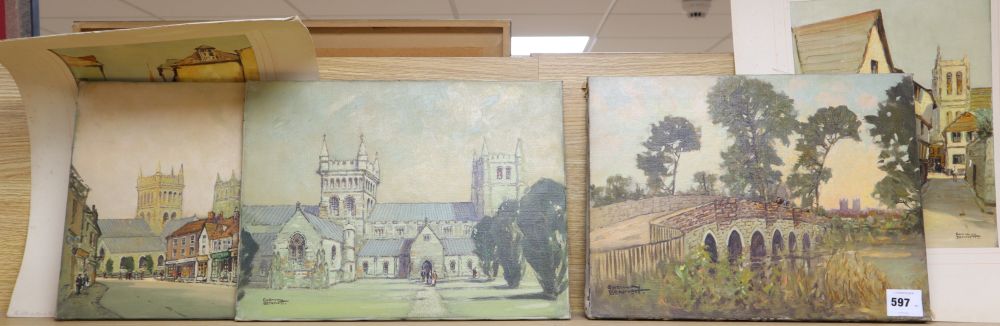 Godwin Bennett (1888-1950), three views of Wimborne, Dorset, oil on canvas, all approximately 30cm x 41cm